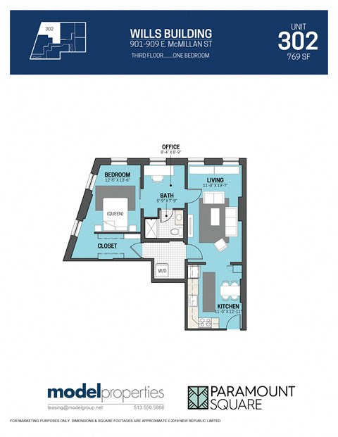 Floor plan for 1 bed, 1 bath, 769 sqft